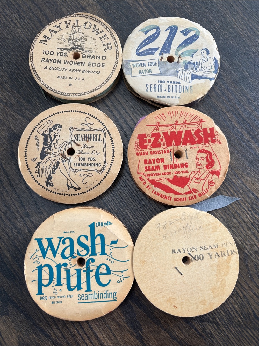 Vintage ‘40s seam binding rolls-set of 6, graphics/advertising,various condition